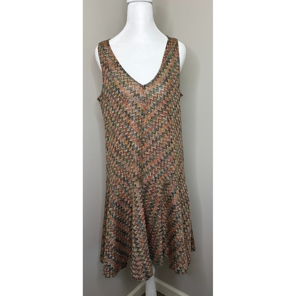 Maeve Anthropologie Chevron Knit Drop Waist Dress Orange Green V-Neck Medium